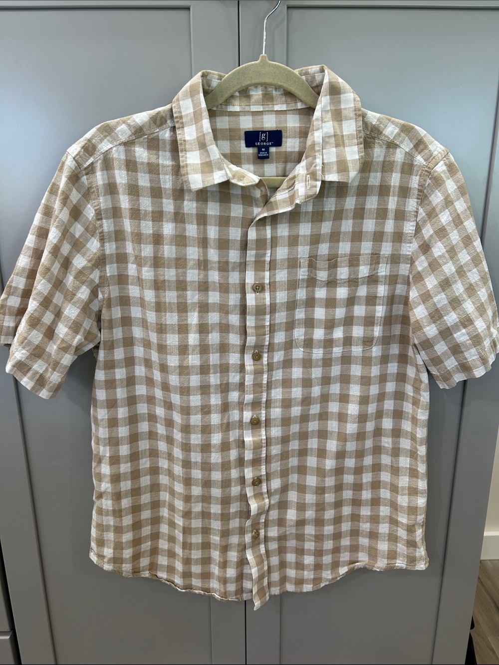 George Mens Tan White Gingham Plaid Short Sleeve Button Down Shirt Medium